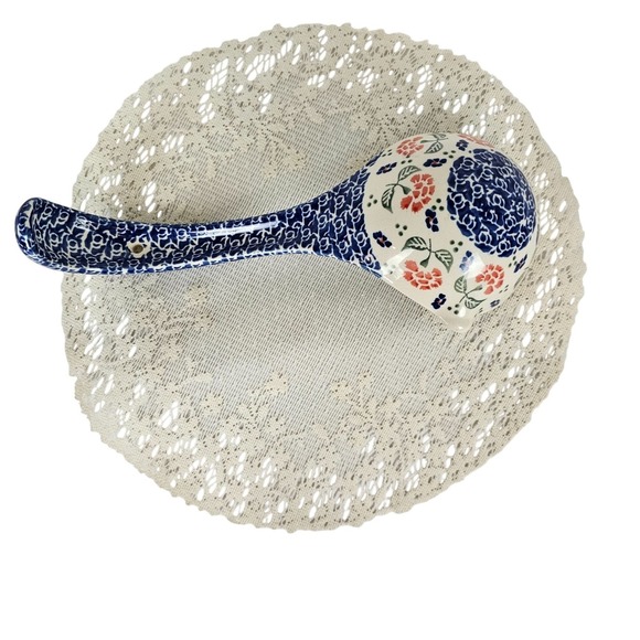 Vtg Polish Pottery Ladle Spoon Blue Floral Design Ceramic Kitchen Hand Painted - Picture 9 of 10